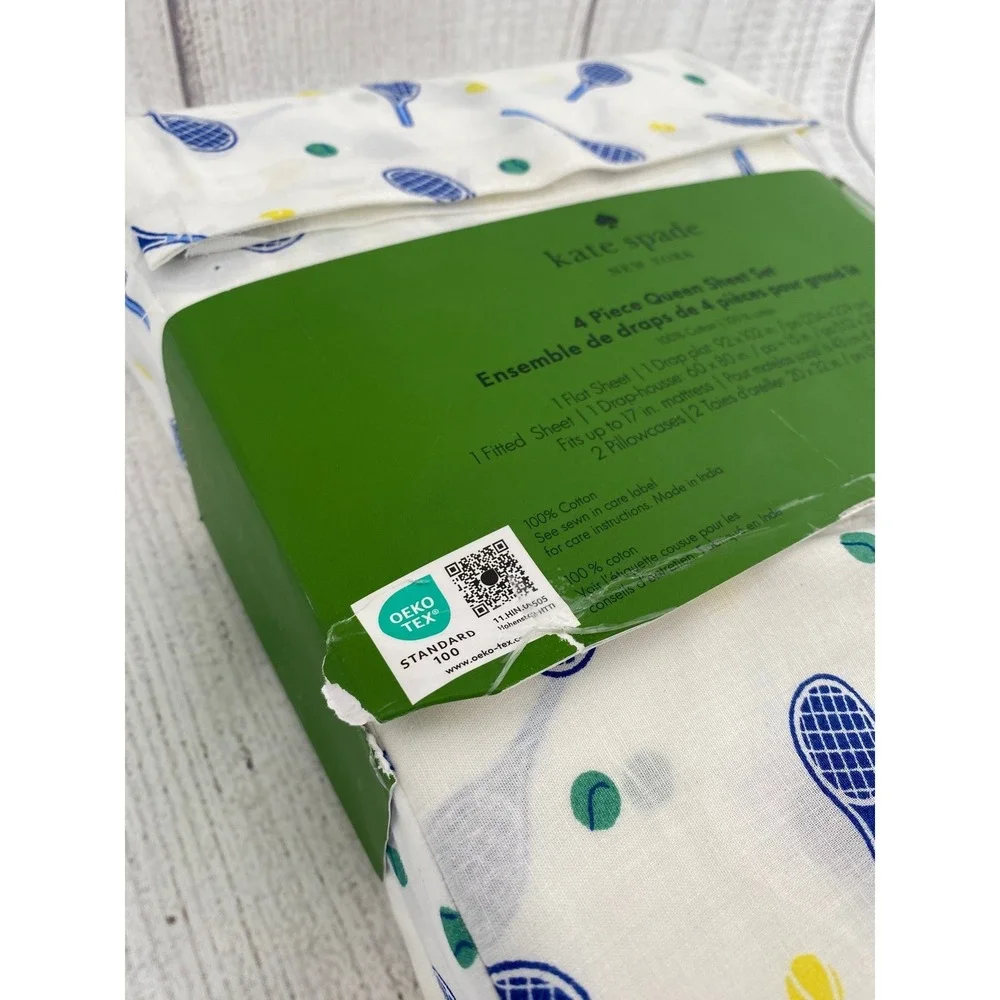 Kate Spade Sheet Set Queen White Tennis Pickleball 100% Cotton Racquet Preppy